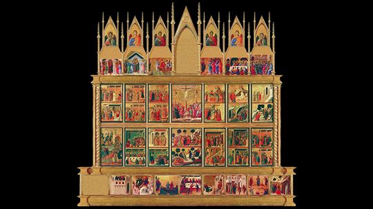 Дуччо ди Буонинсенья. Маэста. Оборотная сторона. «Тайная вечеря» расположена в левой нижней части. Фото: Wikipedia